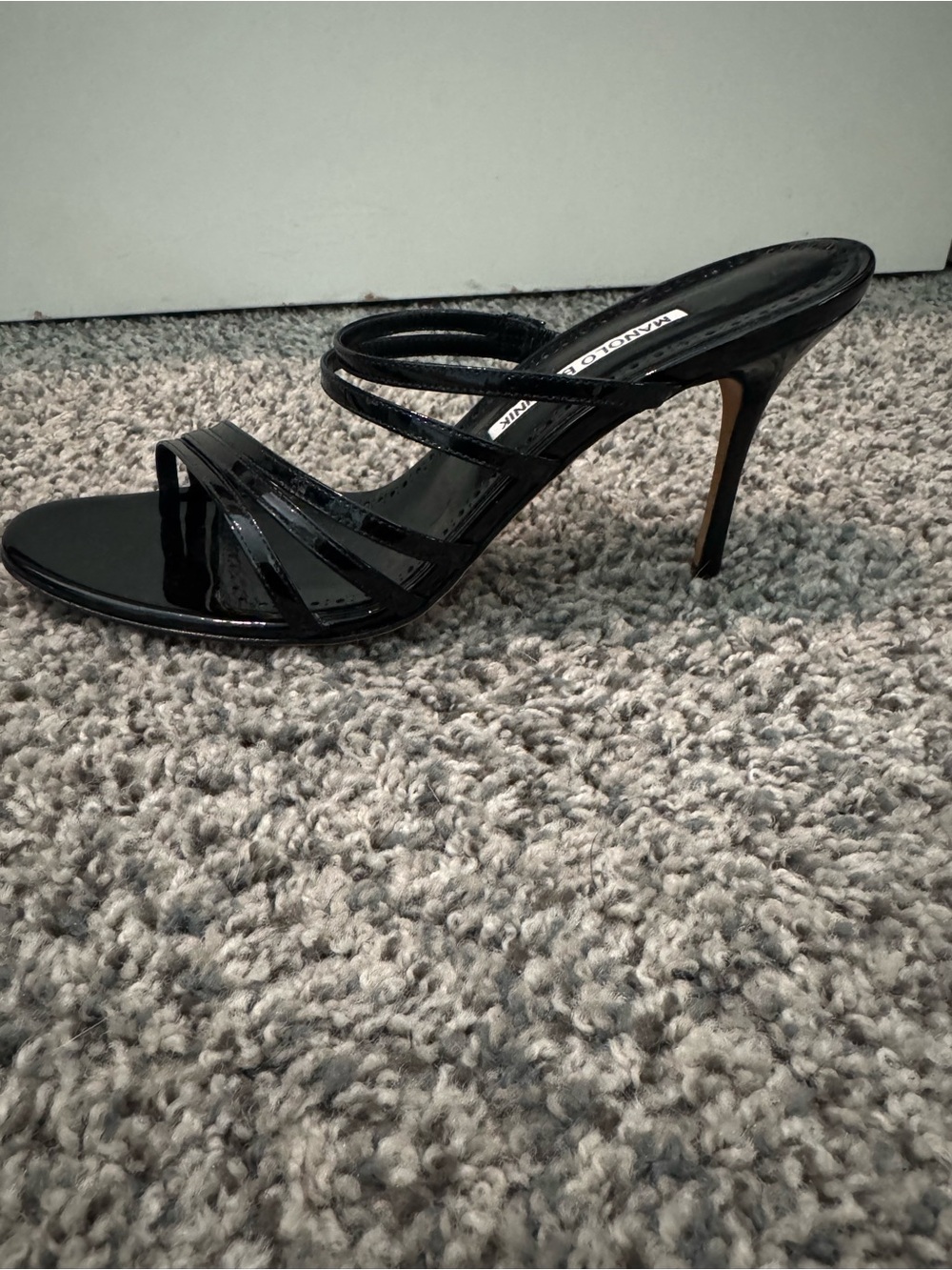 Manolo Blahnik Black Patent Strappy Mule Heels - Picture 3 of 5
